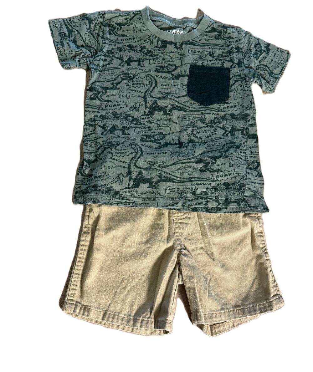 Boys Size 4 4T Dinosaur Graphic T-Shirt Khaki Shorts 2 Piece Outfit Set